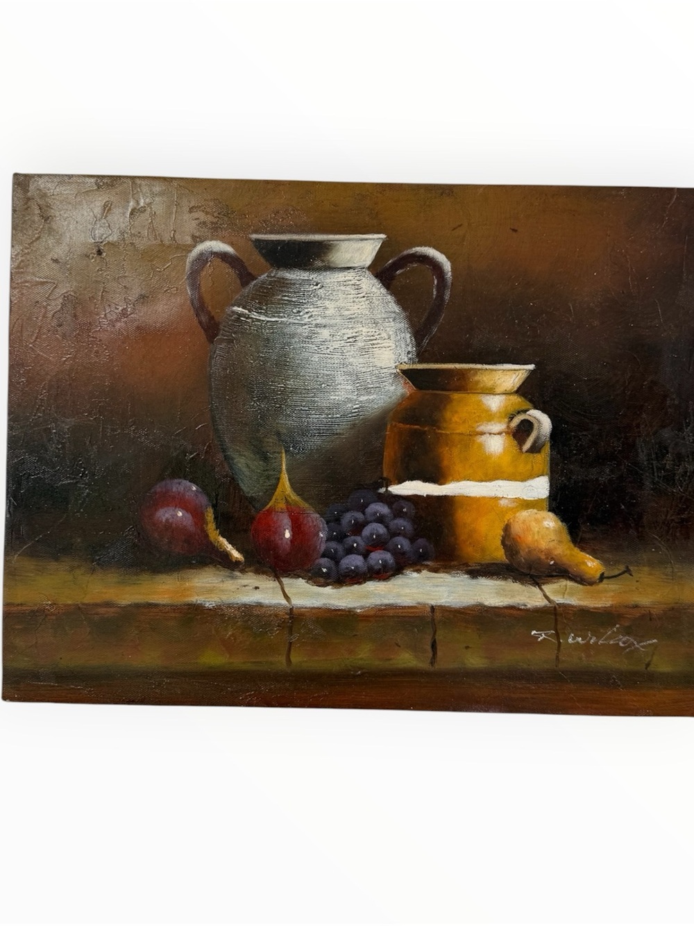 Vintage signed painting on canvas R. Wilcox moody European kitchen